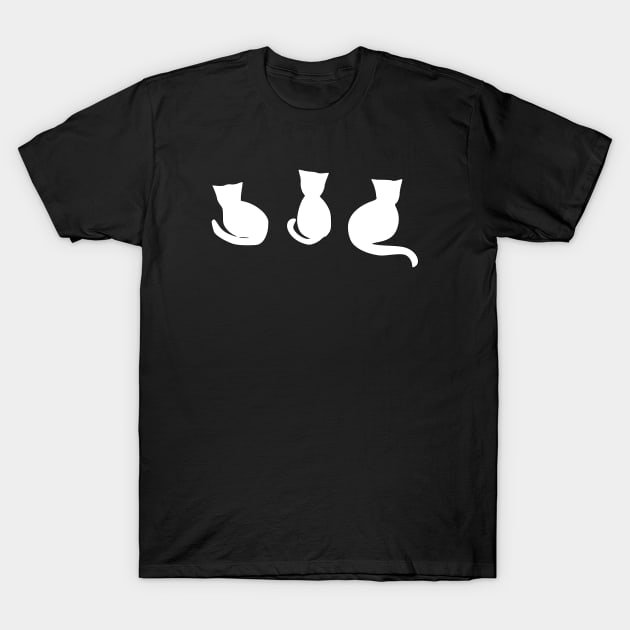 three cute cats silhouette (white on a black or dark background) T-Shirt by Nutmegfairy